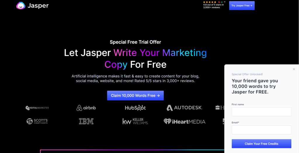 Get free ai writing credit to use Jasper ai writer on their website.