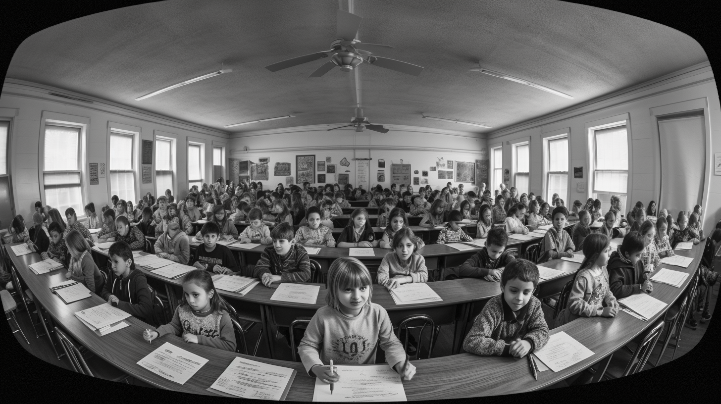 Children in a black and white picture in a classroom the debate is about if schools will teach ai
